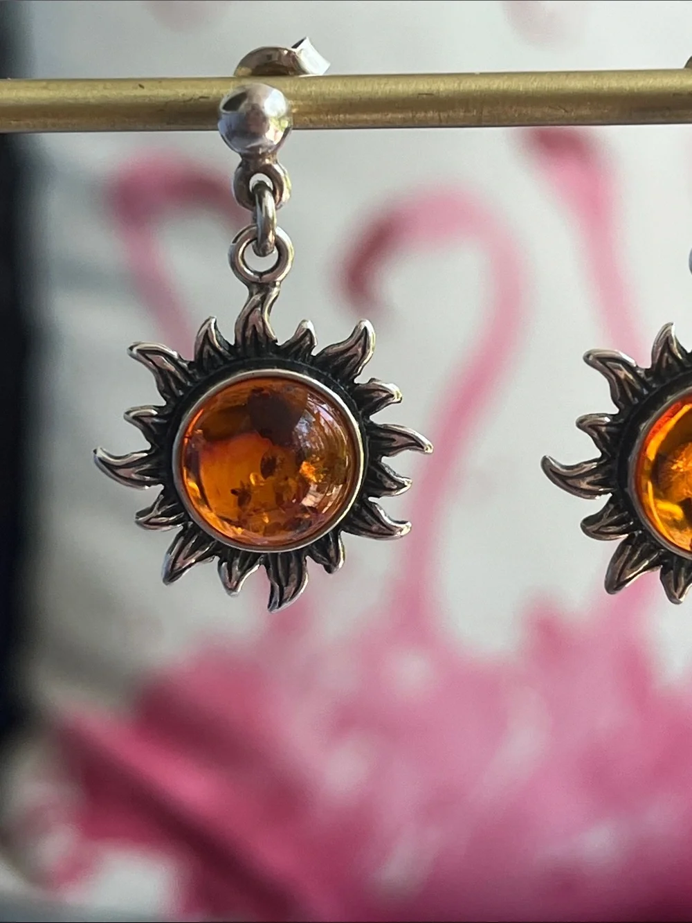 Sterling Silver Amber Sunburst Dangle Earrings - Picture 8 of 13
